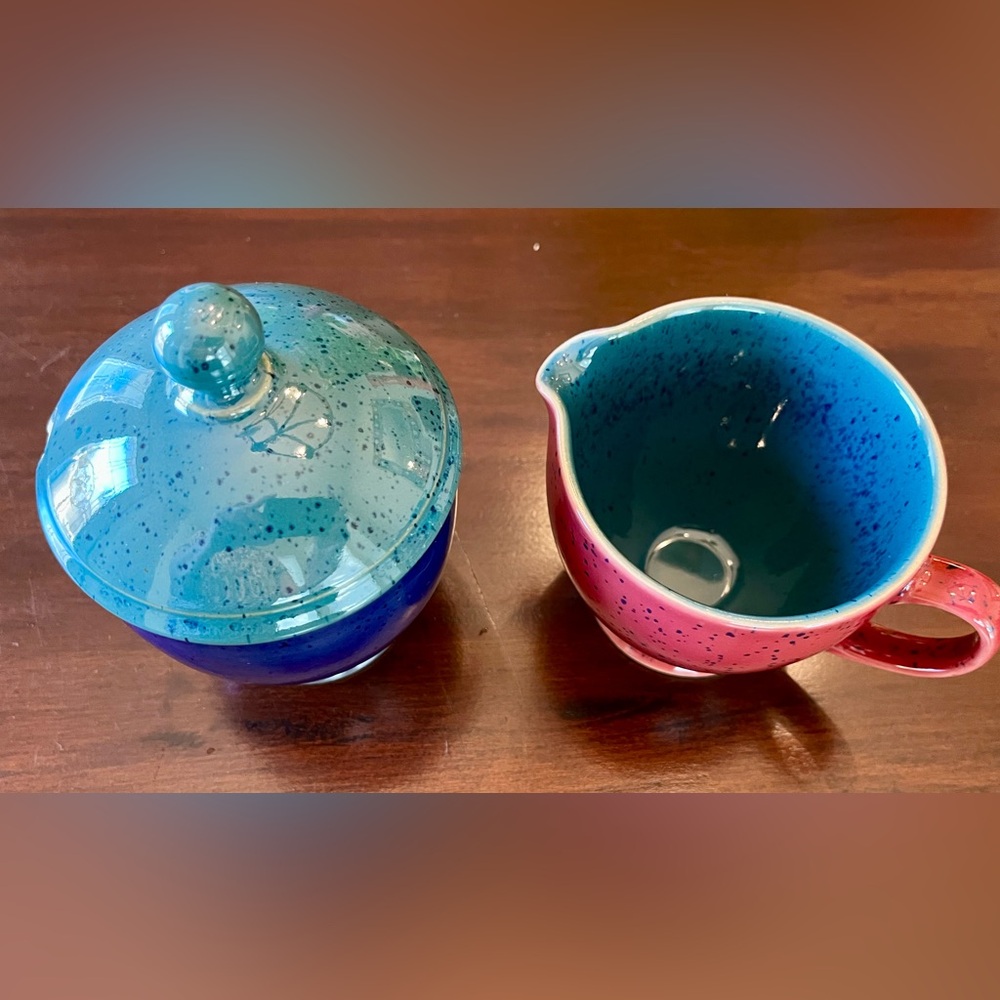 Denby Harlequin Sugar Bowl With Lid (Chipped) And Creamer